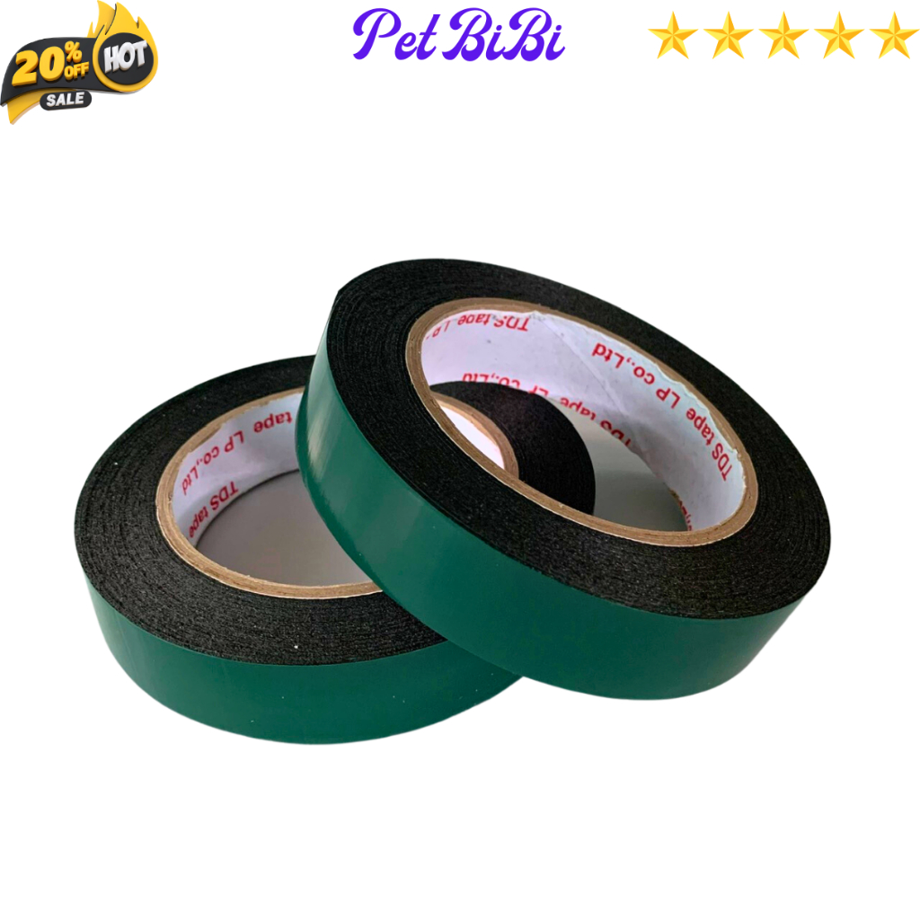 1 Cuộn Băng keo 2 mặt xốp xanh 2,4cm - 4,5cm, độ dầy 1mm, lõi giấy 3mm - Pet BiBi