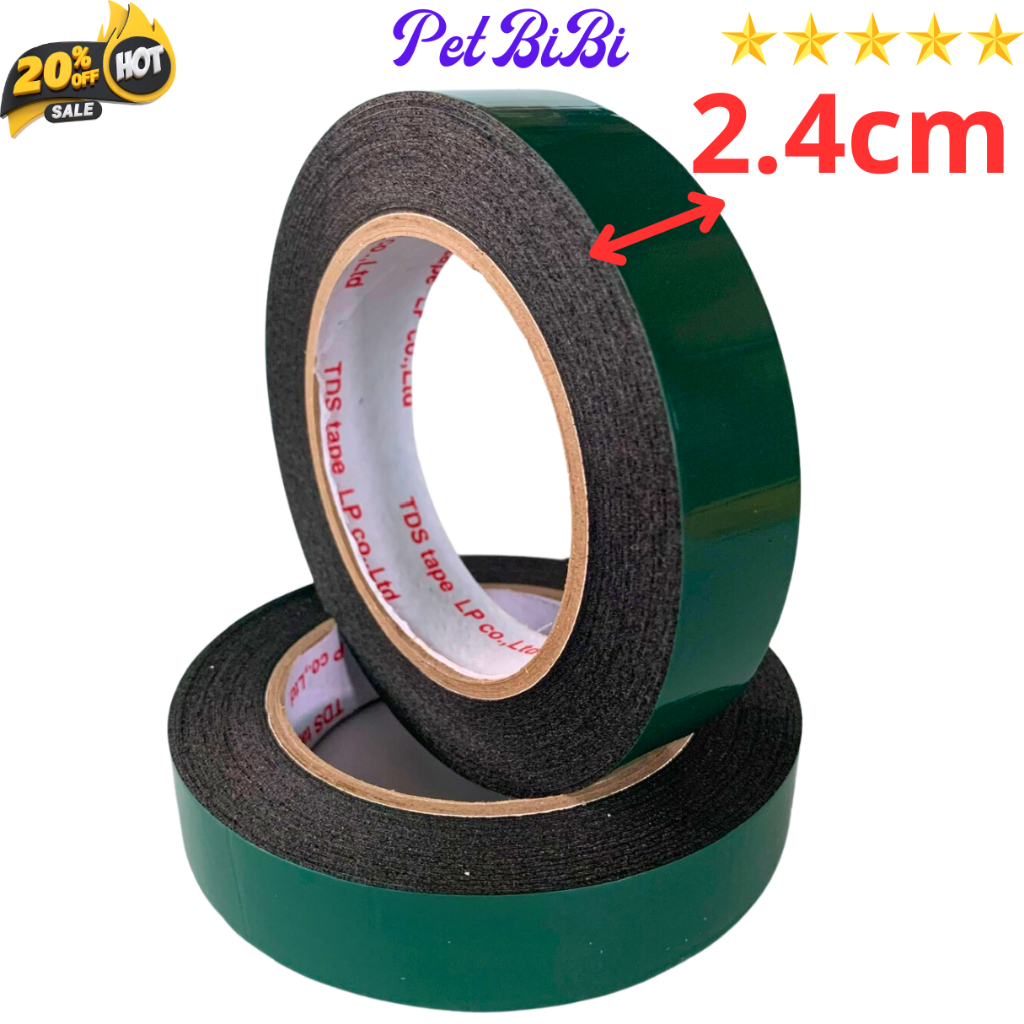 1 Cuộn Băng keo 2 mặt xốp xanh 2,4cm - 4,5cm, độ dầy 1mm, lõi giấy 3mm - Pet BiBi