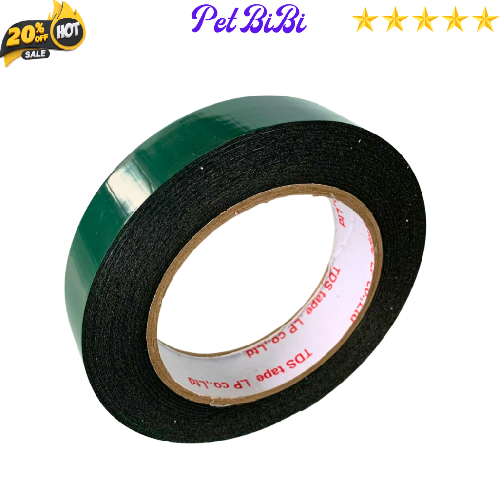 1 Cuộn Băng keo 2 mặt xốp xanh 2,4cm - 4,5cm, độ dầy 1mm, lõi giấy 3mm - Pet BiBi