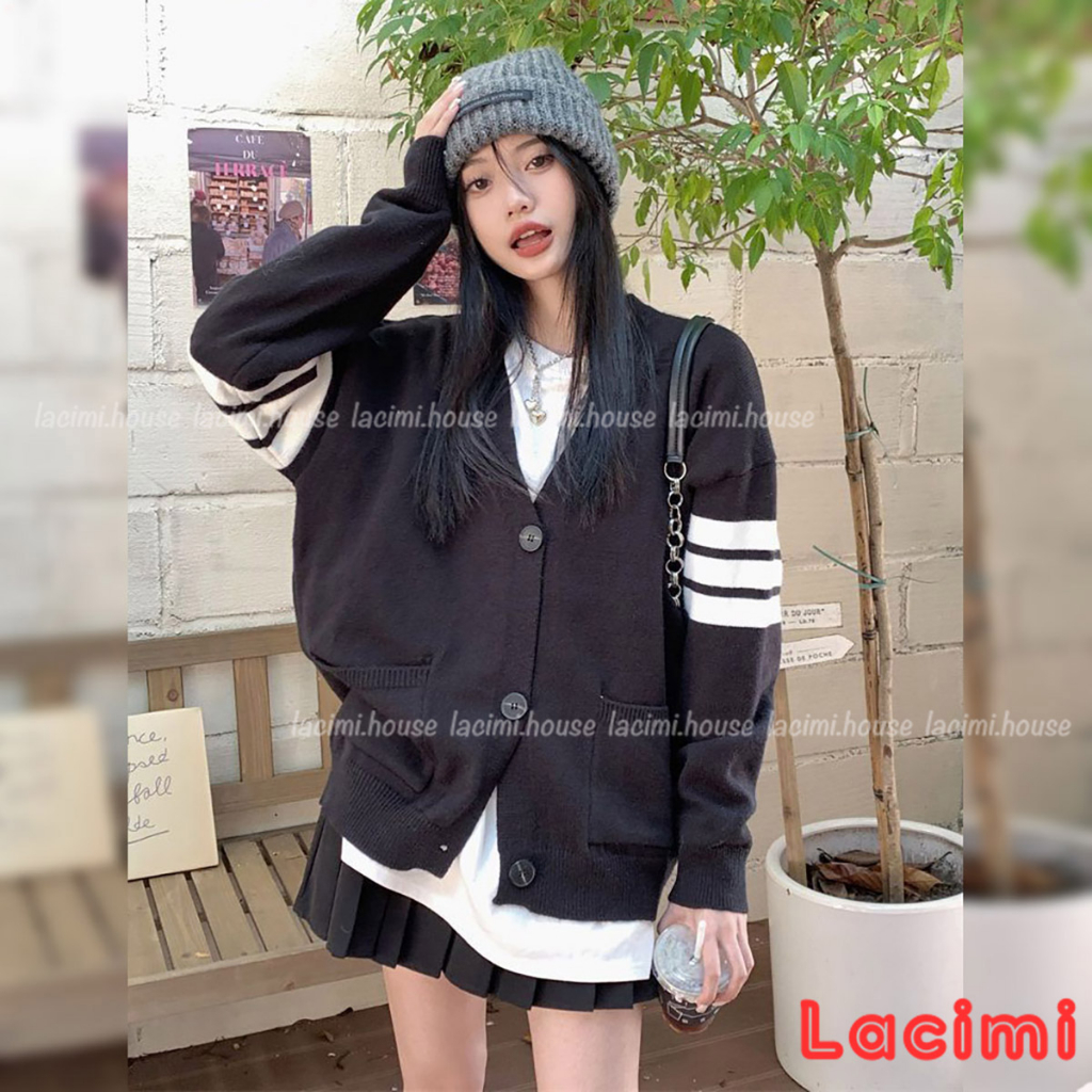 Áo khoác cardigan len nữ LACIMI tay phối viền dáng rộng | BigBuy360 - bigbuy360.vn