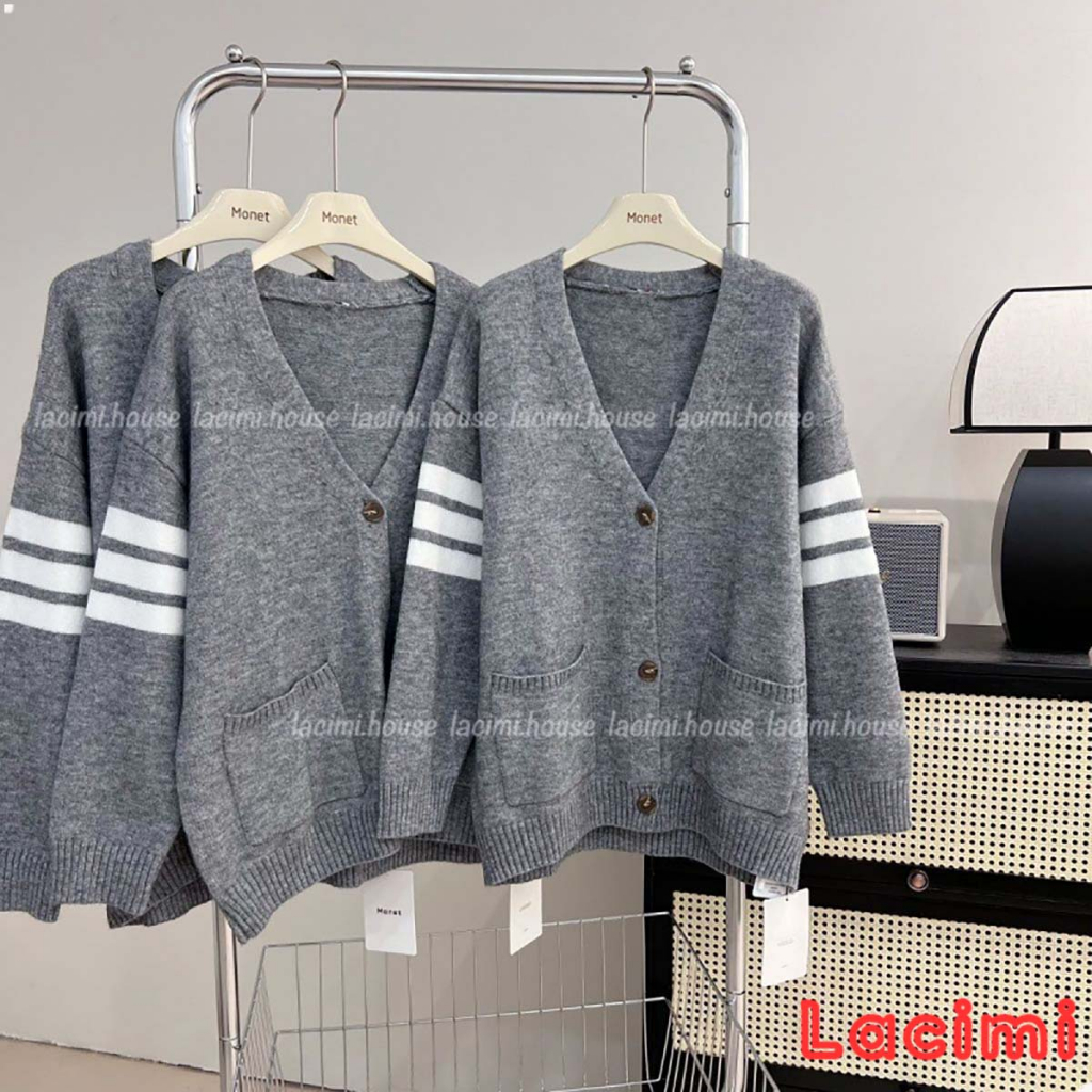 Áo khoác cardigan len nữ LACIMI tay phối viền dáng rộng | BigBuy360 - bigbuy360.vn