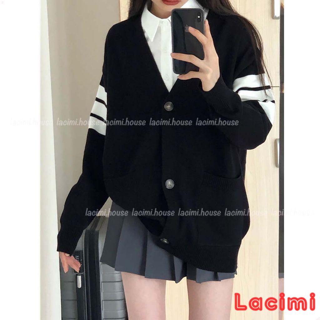 Áo khoác cardigan len nữ LACIMI tay phối viền dáng rộng | BigBuy360 - bigbuy360.vn