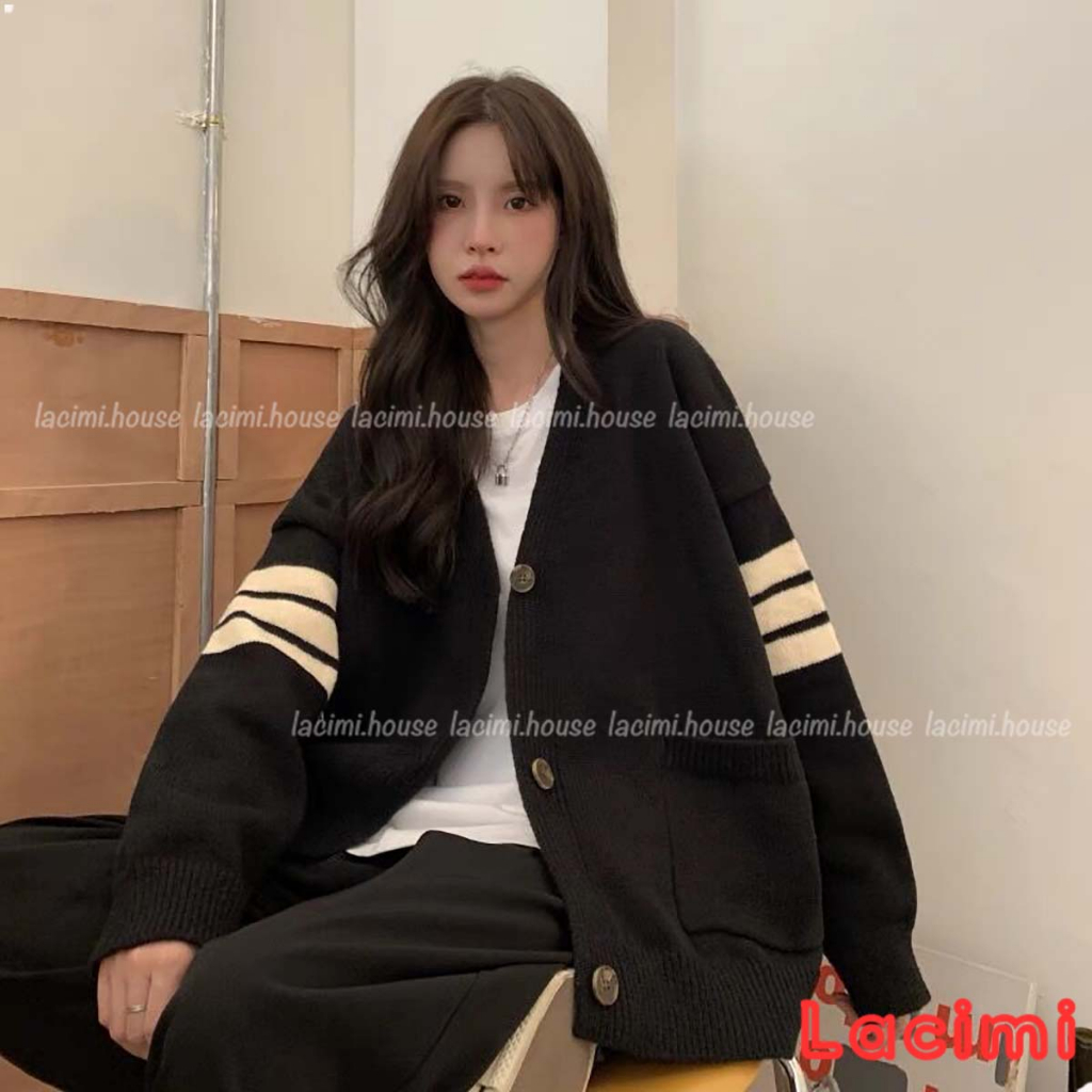 Áo khoác cardigan len nữ LACIMI tay phối viền dáng rộng | BigBuy360 - bigbuy360.vn