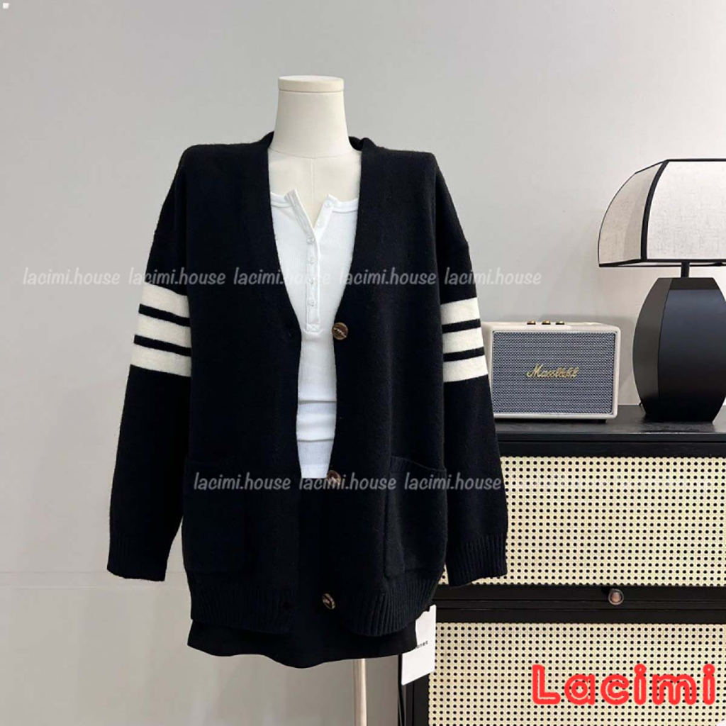 Áo khoác cardigan len nữ LACIMI tay phối viền dáng rộng | BigBuy360 - bigbuy360.vn