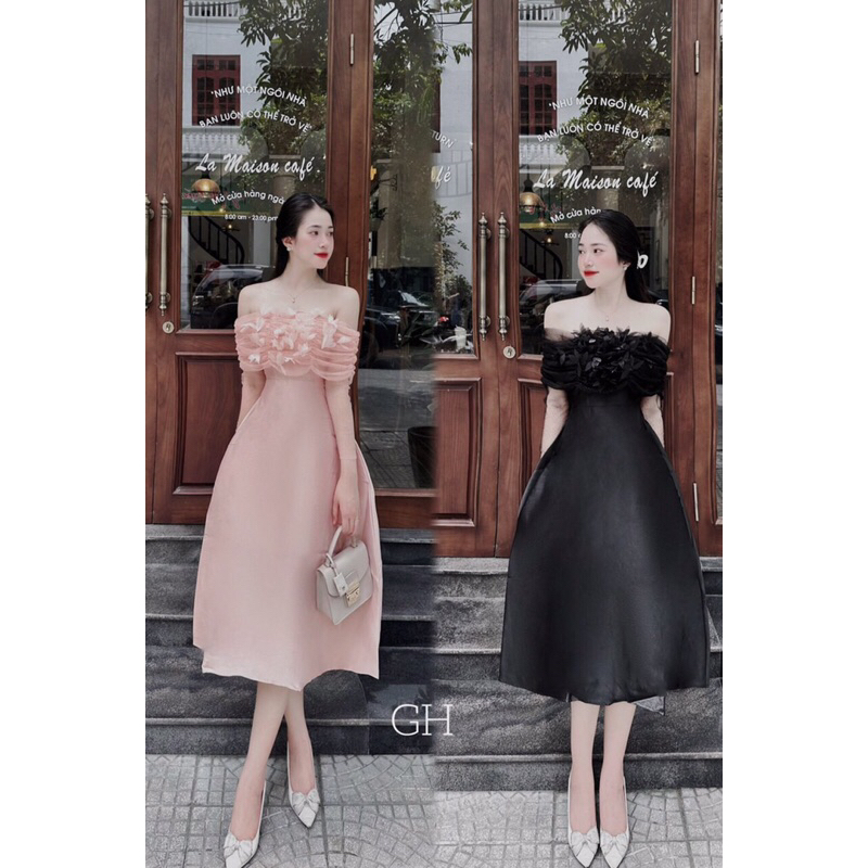 Váy tafta thiết kế dáng dài phối ren ngực nhúm đính hoa tơ size SML