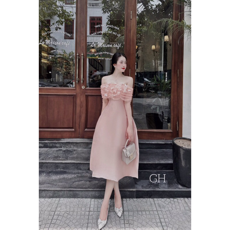 Váy tafta thiết kế dáng dài phối ren ngực nhúm đính hoa tơ size SML