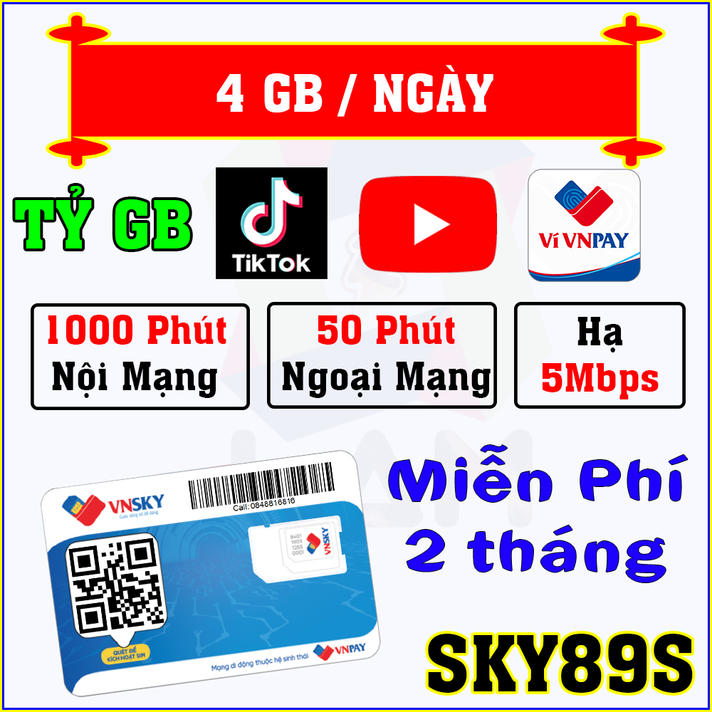 Sim 4G VNSKY (Mobifone) SKY89S 4GB/Ngày. 100 Tỷ GB xem Youtube, Tik Tok, Gọi Free - Miễn Phí 2 Tháng | eSIM SKY59 SKY69