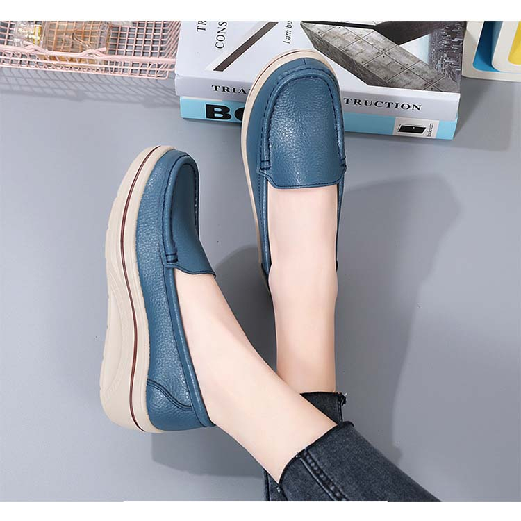 Giày nữ da bò thật HT.NeO , Giày nữ da trơn đế bằng tăng chiều cao 5cm dáng thể thao êm mềm phong cách 4 màu 5058