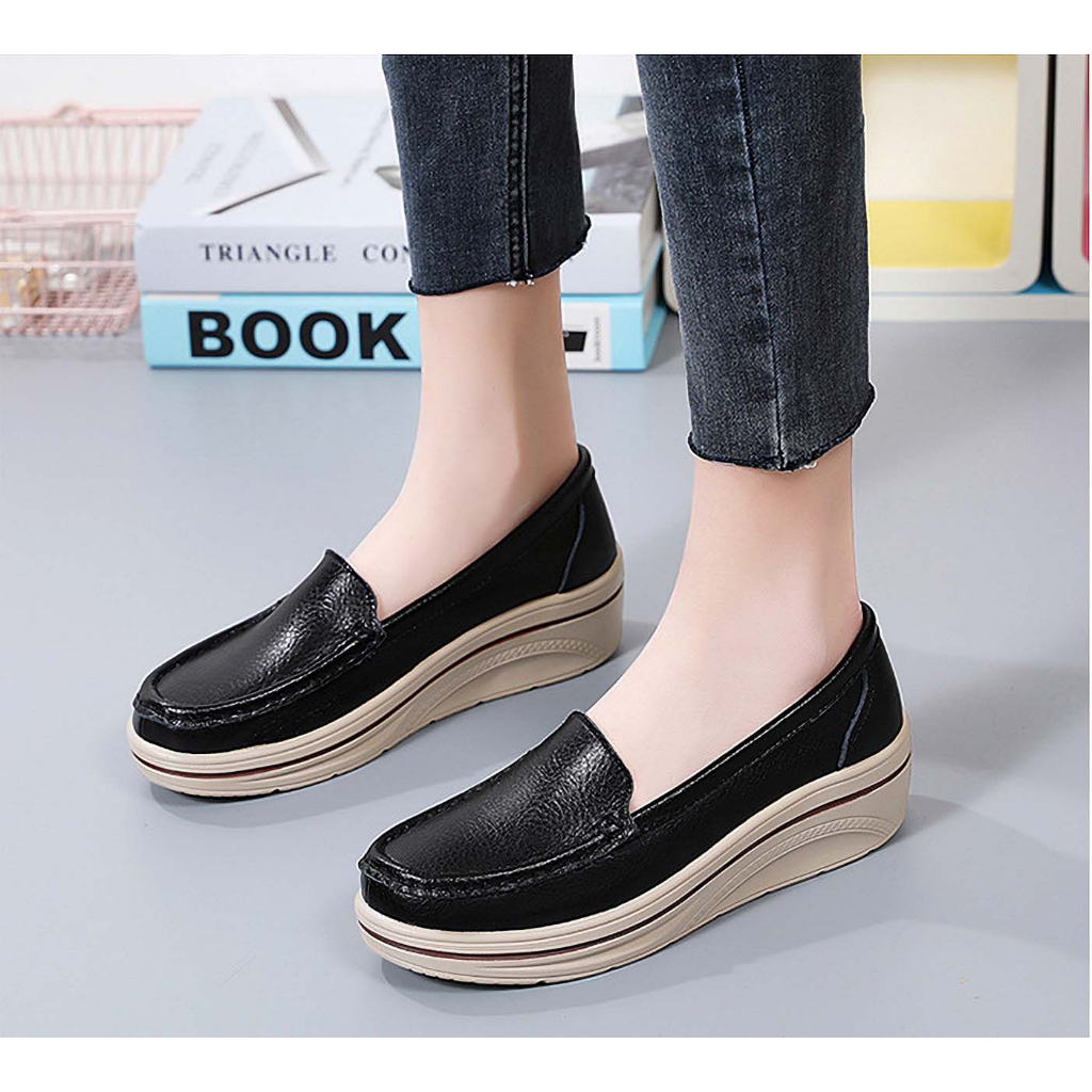 Giày nữ da bò thật HT.NeO , Giày nữ da trơn đế bằng tăng chiều cao 5cm dáng thể thao êm mềm phong cách 4 màu 5058