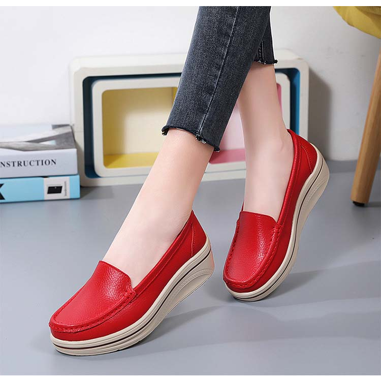 Giày nữ da bò thật HT.NeO , Giày nữ da trơn đế bằng tăng chiều cao 5cm dáng thể thao êm mềm phong cách 4 màu 5058