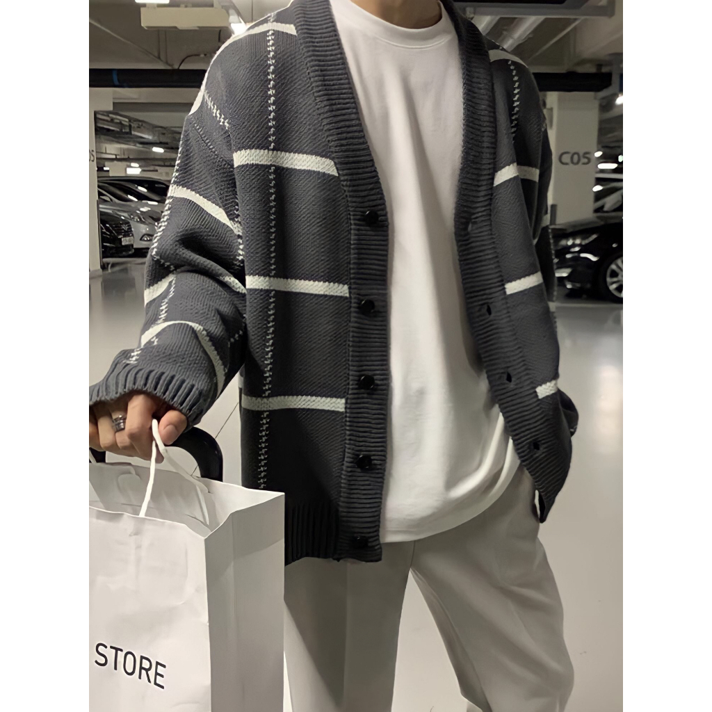 Áo khoác Len nam LeeZone cao cấp | Cardigan kẻ trắng