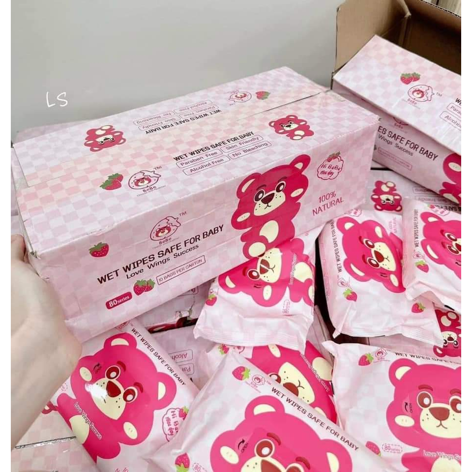 Thùng 10 gói giấy ướt gấu dâu LOSTO 1 gói 80 tờ siêu dai tiện lợi