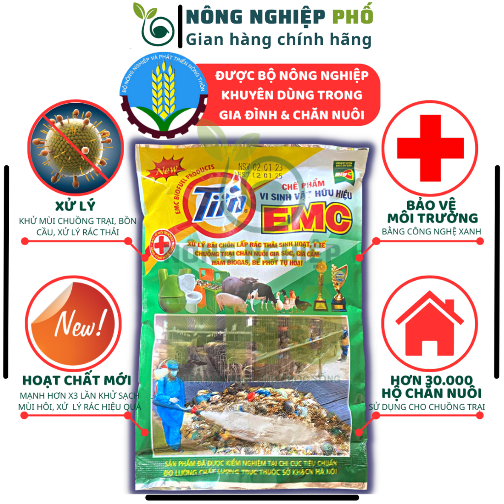 Chế phẩm vi sinh EMC gói 200g, Chế phẩm vi sinh EMC khử mùi hôi, khử trùng, xử lý rác thải, nước thả