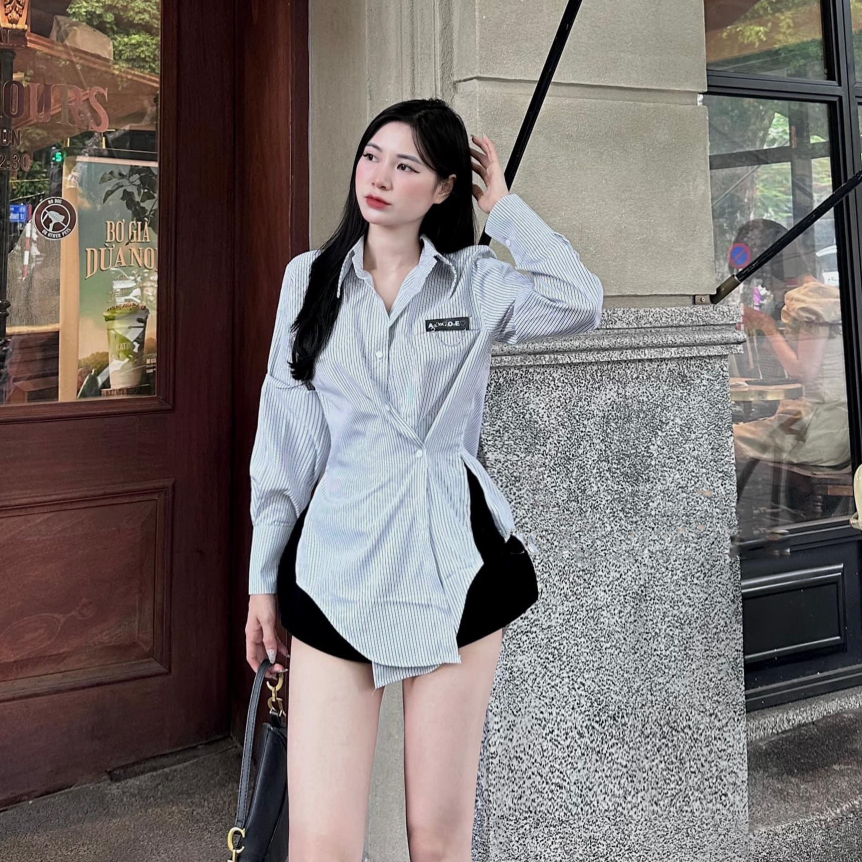 Áo Sơ Mi Nữ Dài Tay Trơn Màu Vạt Chéo, Form Rộng, Chất Thô Nhuyễn, Mát, Mịn, TA124180