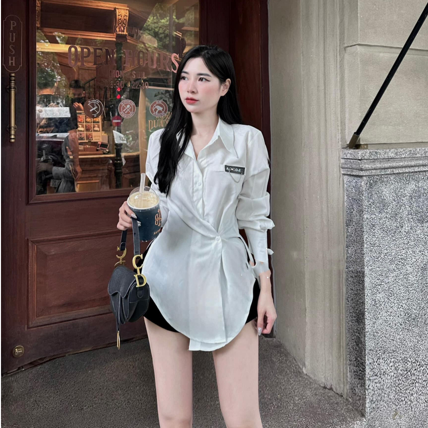 Áo Sơ Mi Nữ Dài Tay Trơn Màu Vạt Chéo, Form Rộng, Chất Thô Nhuyễn, Mát, Mịn, TA124180