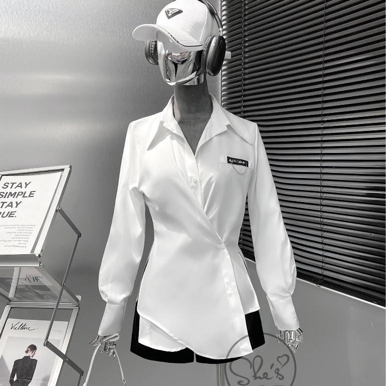 Áo Sơ Mi Nữ Dài Tay Trơn Màu Vạt Chéo, Form Rộng, Chất Thô Nhuyễn, Mát, Mịn, TA124180