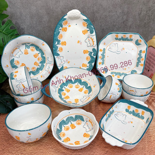 Bộ Bát Đĩa Gốm Sứ Decor, Bát Ăn Cơm, Bát Ăn Chè, Chén Dĩa Dễ Thương Set Bát Đĩa Mèo Tulip Xanh Cực Xinh Yêu Gomsudecor21
