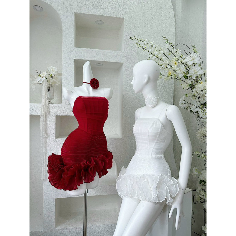 Đầm tk cúp nhún lưới - kèm hoa