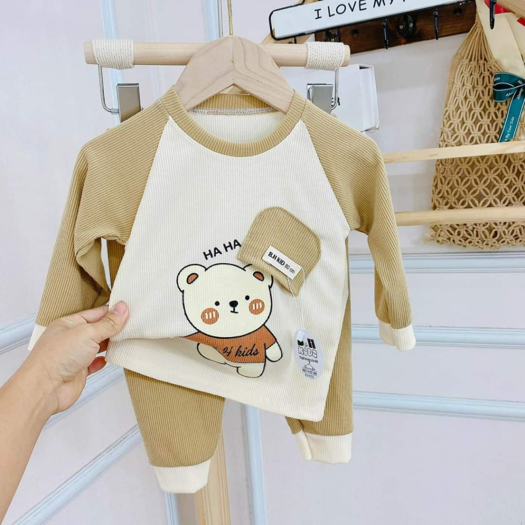 Bộ len tăm dài tay hình gấu 4 màu cho bé trai bé gái