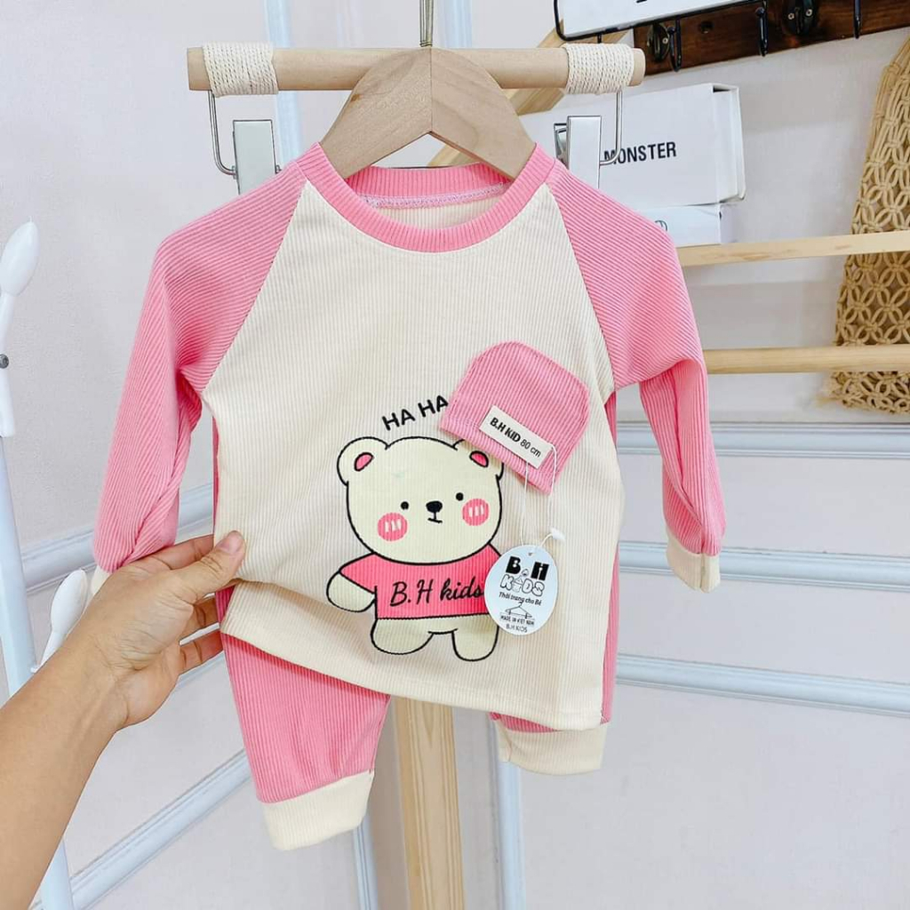 Bộ len tăm dài tay hình gấu 4 màu cho bé trai bé gái