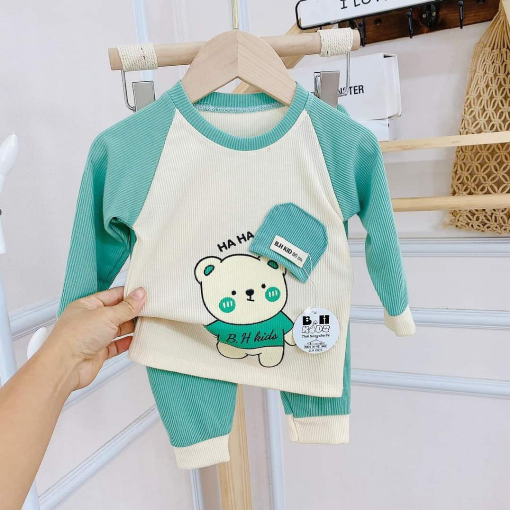 Bộ len tăm dài tay hình gấu 4 màu cho bé trai bé gái