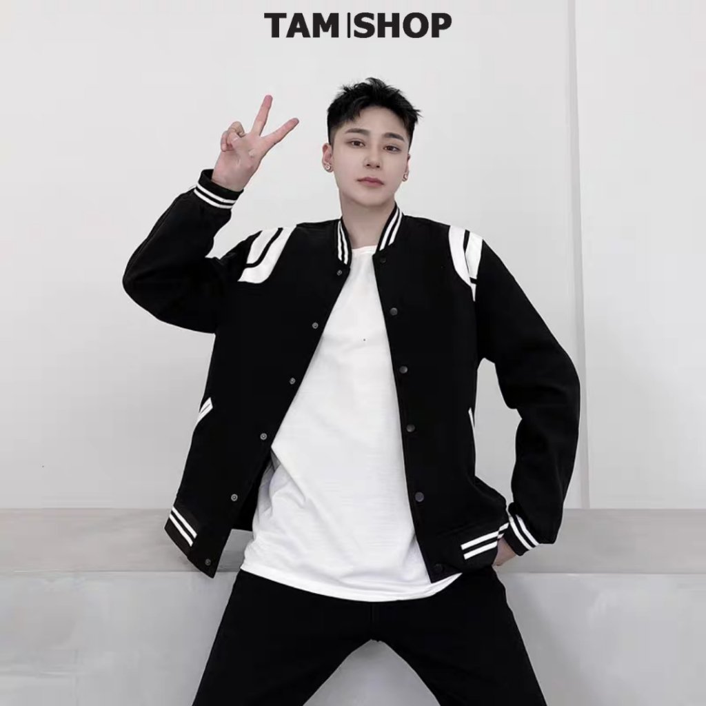 Áo Khoác Bomber Teddy Đen Phối Sọc Cầu Vai Cao Cấp - Áo Khoác Varsity Chất Nỉ Bông Dày Dặn - TâmShop