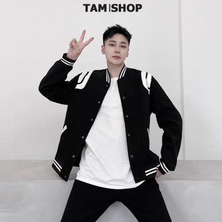 Áo Khoác Bomber Teddy Đen Phối Sọc Cầu Vai Cao Cấp - Áo Khoác Varsity Chất Nỉ Bông Dày Dặn - TâmShop