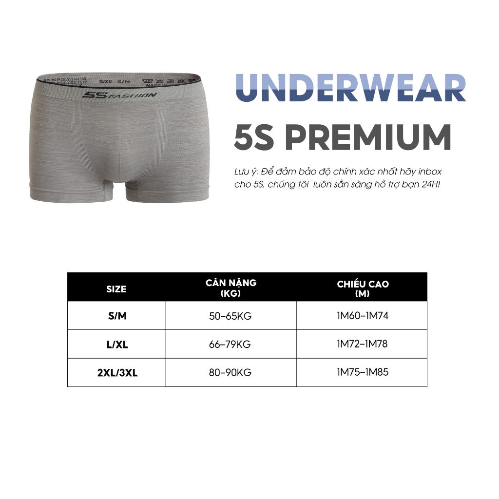 Quần Sịp Nam Boxer 5S FASHION, Trơn Basic, Cạp Dệt Không Đường May, Thấm Hút, Co Giãn Thoải Mái