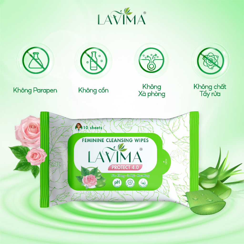 Combo 3 gói Khăn ướt vệ sinh vùng kín LAVIMA Protect 4.0 gói 10 miếng giúp vùng kín luôn sạch sẽ, khô thoáng