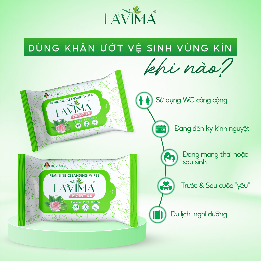 Combo 3 gói Khăn ướt vệ sinh vùng kín LAVIMA Protect 4.0 gói 10 miếng giúp vùng kín luôn sạch sẽ, khô thoáng