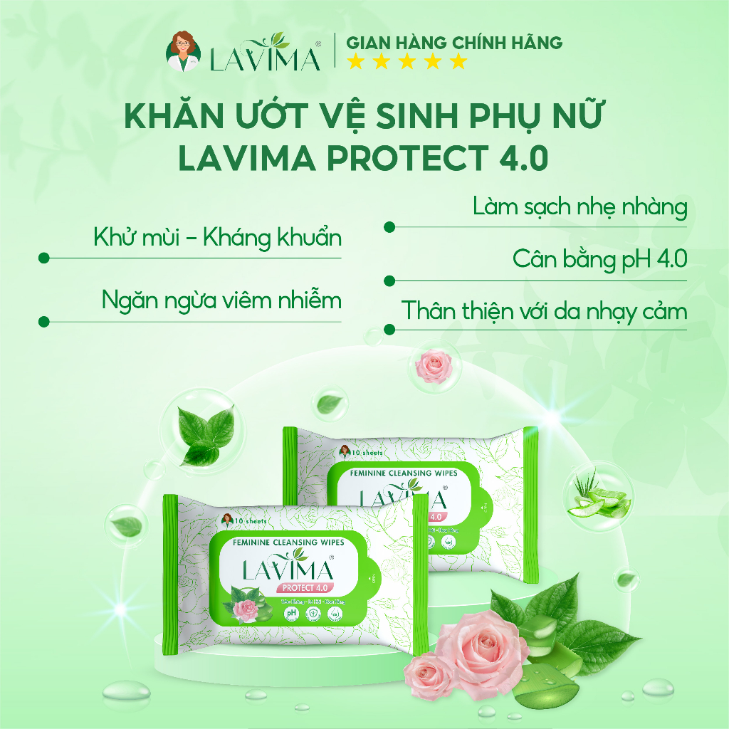 Combo 6 gói Khăn ướt vệ sinh vùng kín LAVIMA Protect 4.0 gói 10 khăn giúp vùng kín luôn sạch sẽ, khô thoáng