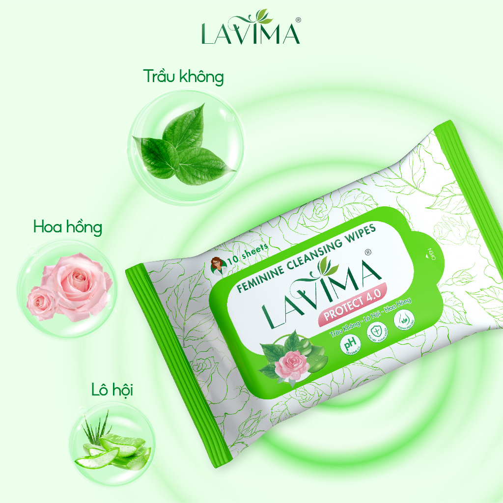 Combo 6 gói Khăn ướt vệ sinh vùng kín LAVIMA Protect 4.0 gói 10 khăn giúp vùng kín luôn sạch sẽ, khô thoáng