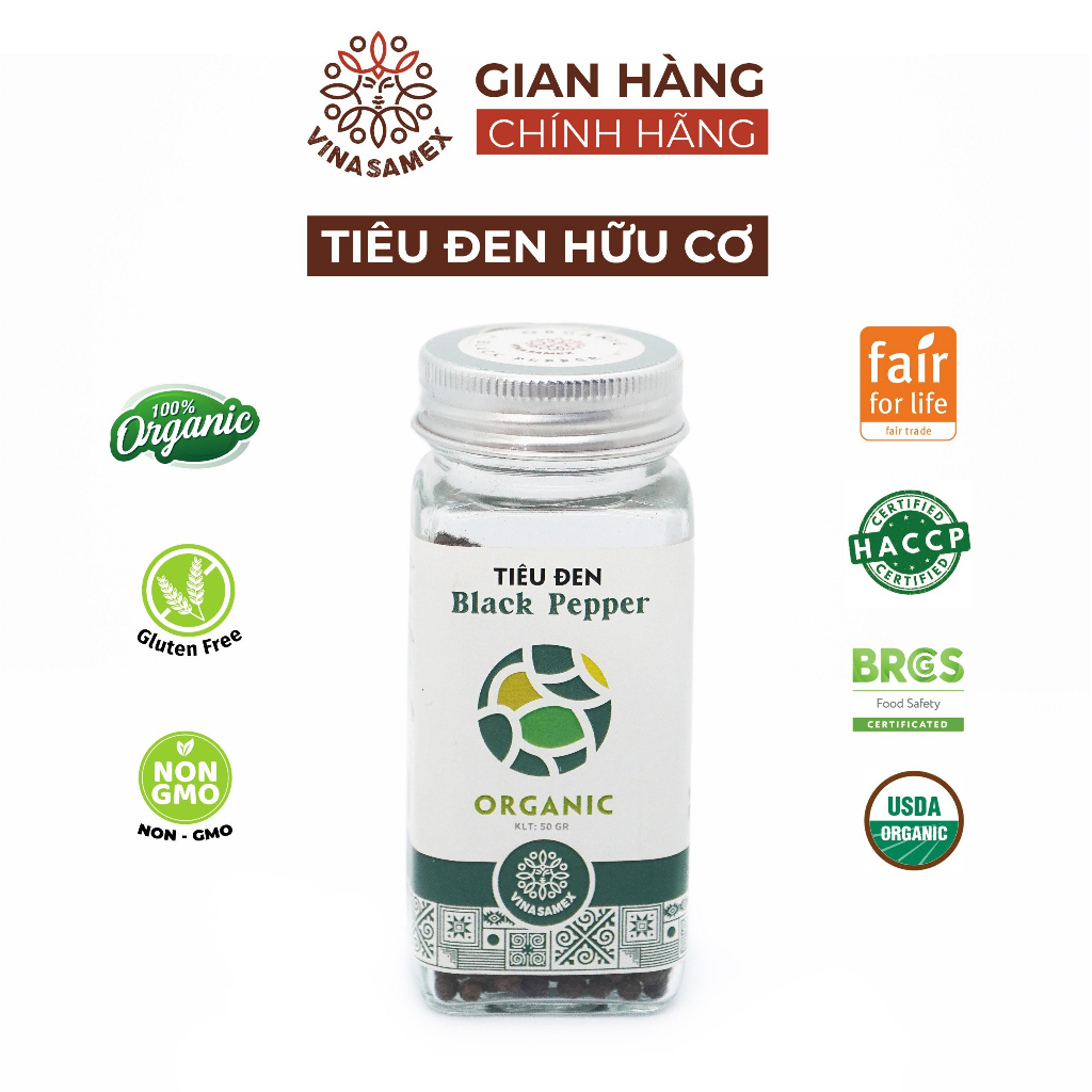 Tiêu đen nguyên chất hữu cơ Vinasamex 50g - Gia vị Organic cao cấp xuất khẩu