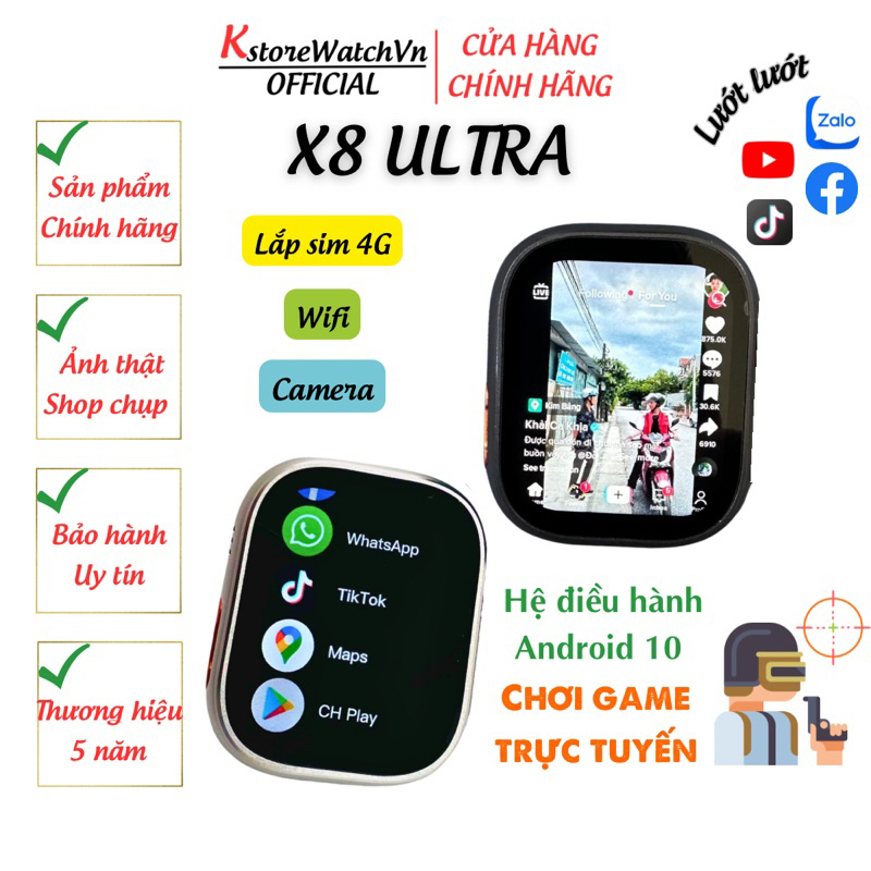 Đồng Hồ Thông Minh X8 Ultra Bản Nâng Cấp Của S8 Ultra Lắp Sim 4G Nghe Gọi Lướt Zalo FB TikTok Chơi Game KstoreWatchVn