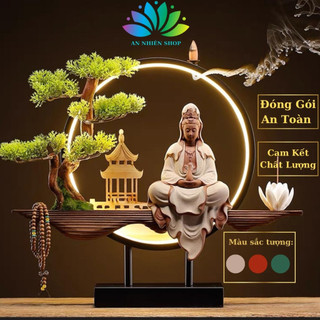 Tượng quan âm kèm đèn led hào quang cao cấp,thác khói trầm hương cây xanh tiểu cảnh mang lại tài lộc