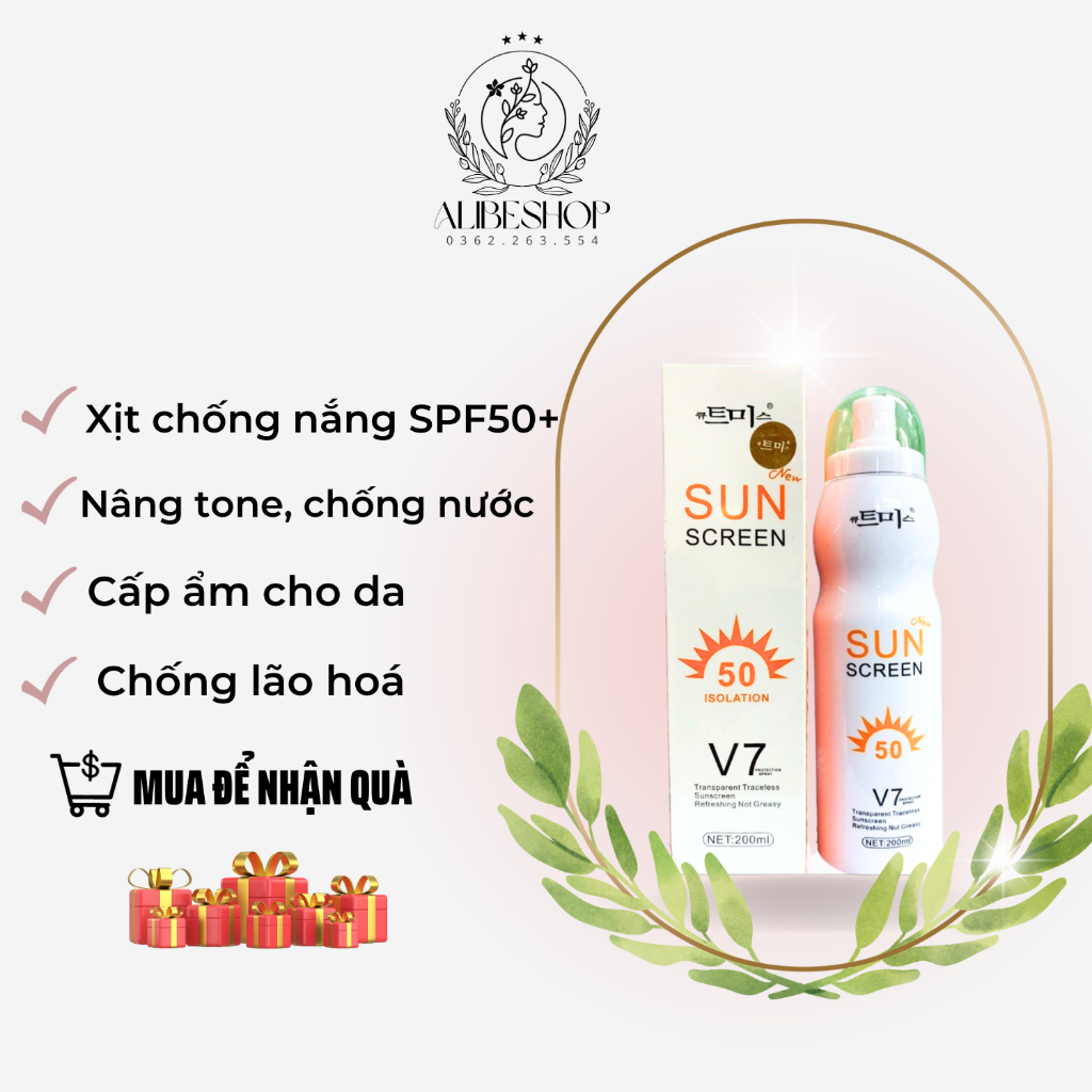 Xịt chống nắng Sun Screen V7 nâng tone trắng da chống nước không bết dính kem chống nắng mặt body SPF50+