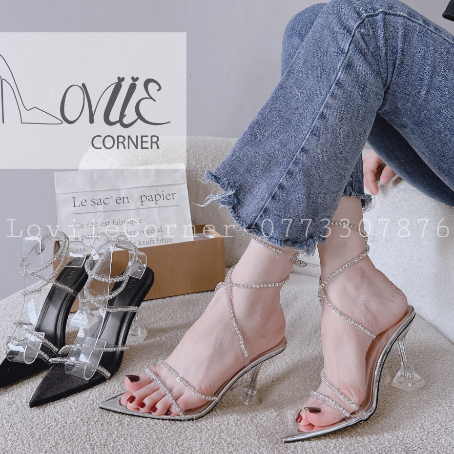 SANDAL CAO GÓT LOVIIECORNER - GIÀY THỜI TRANG MŨI NHỌN - GIÀY NỮ QUAI MẢNH ĐÍNH ĐÁ G230912