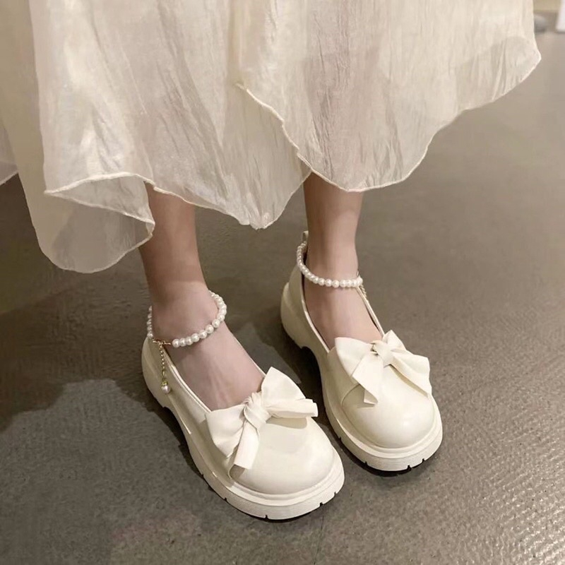 Giày LoliTa Mũi Tròn Quai Ngọc Nơ Cao Cấp 2 Màu Siêu Hot