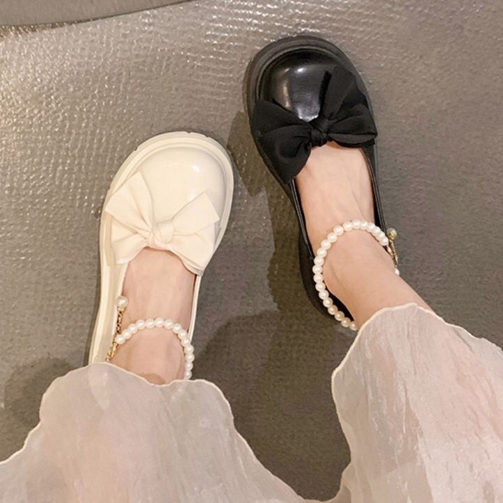 Giày LoliTa Mũi Tròn Quai Ngọc Nơ Cao Cấp 2 Màu Siêu Hot