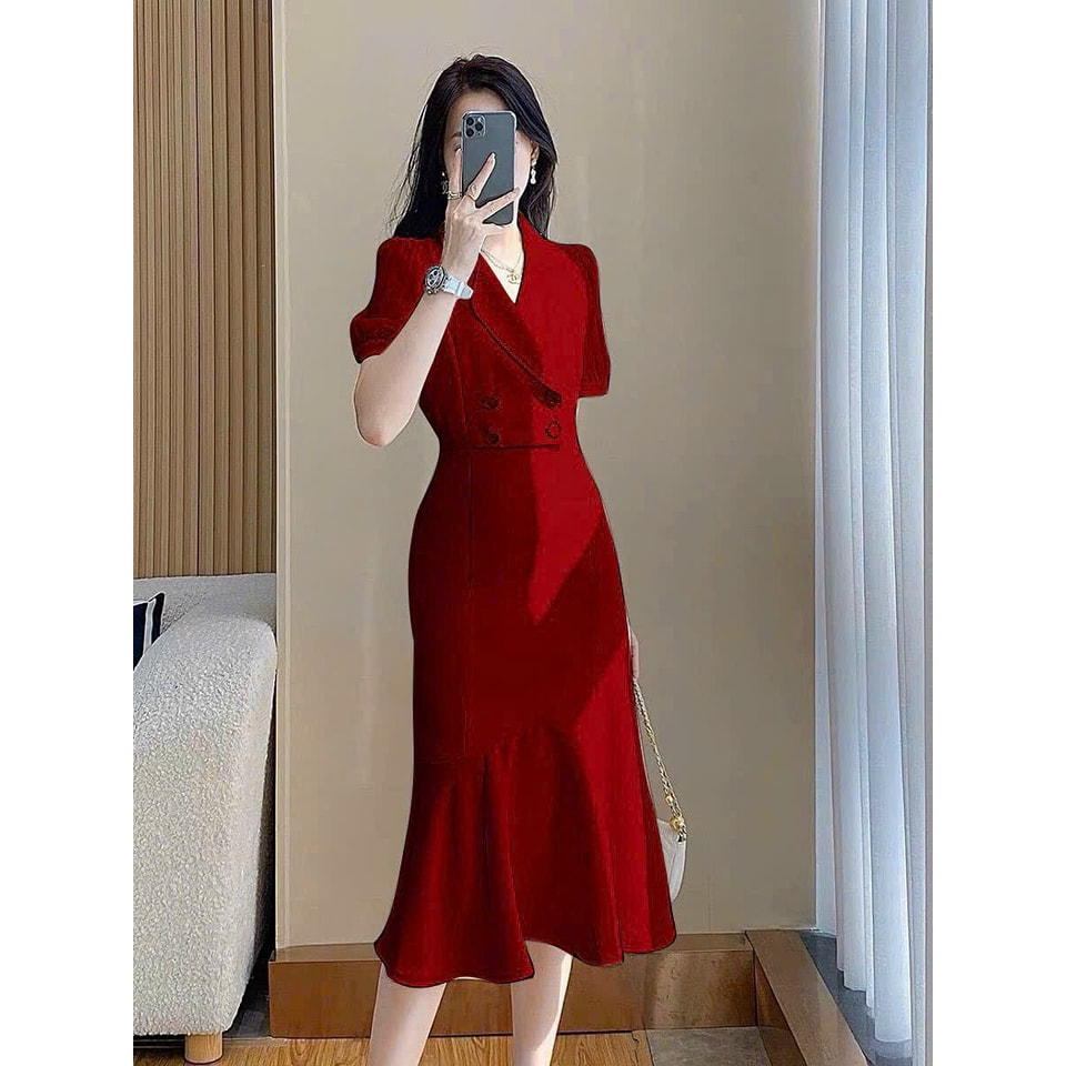 ĐẦM BODY CỔ VEST ĐUÔI CÁ ĐÍNH NÚT CAO CẤP