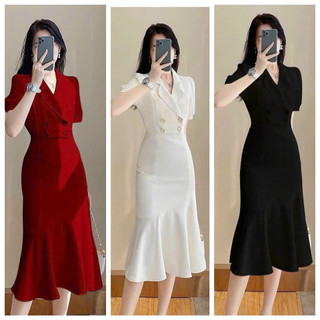 Đầm body cổ vest đuôi cá đính nút cao cấp