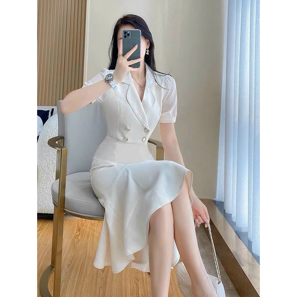 ĐẦM BODY CỔ VEST ĐUÔI CÁ ĐÍNH NÚT CAO CẤP