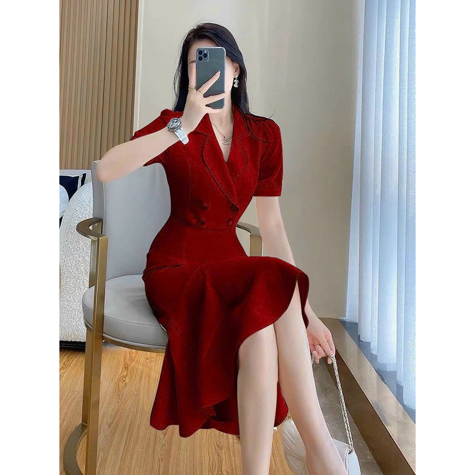 ĐẦM BODY CỔ VEST ĐUÔI CÁ ĐÍNH NÚT CAO CẤP