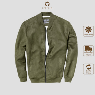 Áo khoác bomber da lộn lót lông xanh rêu trơn, chất liệu da lộn, lót lông mềm mịn – ceffylo