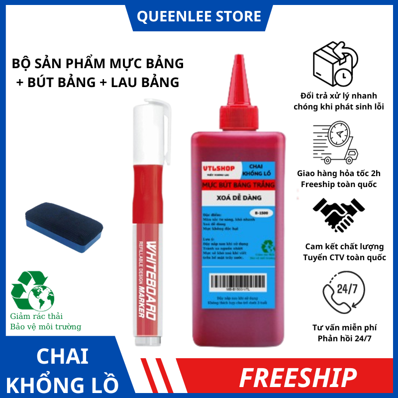 Bộ Mực Bút Lông Bảng Trắng Mực Viết Bảng Chai Lớn Tặng Kèm Bút Bảng Trắng Nhấn Lau Bảng Có Gắn Nam Châm Queen Lee Store