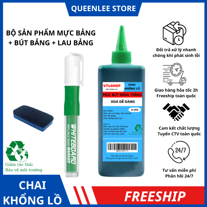 Bộ Mực Bút Lông Bảng Trắng Mực Viết Bảng Chai Lớn Tặng Kèm Bút Bảng Trắng Nhấn Lau Bảng Có Gắn Nam Châm Queen Lee Store