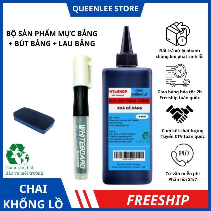 Bộ Mực Bút Lông Bảng Trắng Mực Viết Bảng Chai Lớn Tặng Kèm Bút Bảng Trắng Nhấn Lau Bảng Có Gắn Nam Châm Queen Lee Store