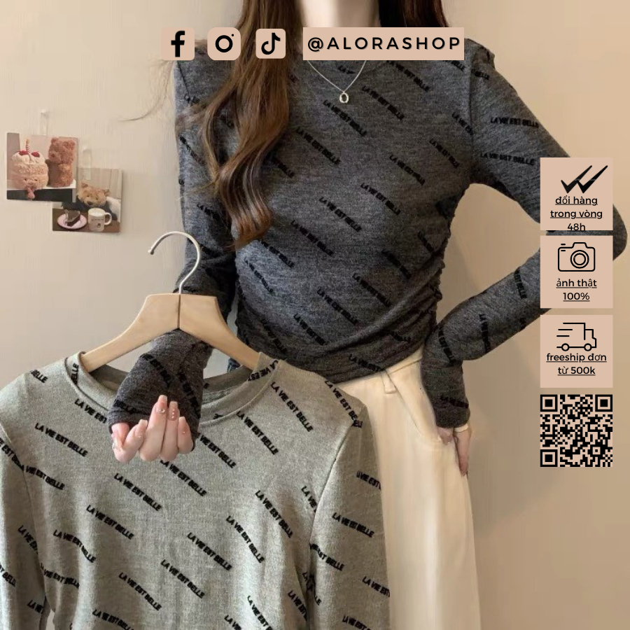 Áo tiêu nhiều chữ dài tay dáng ôm ghi nhạt, ghi đậm thời trang nữ Alora