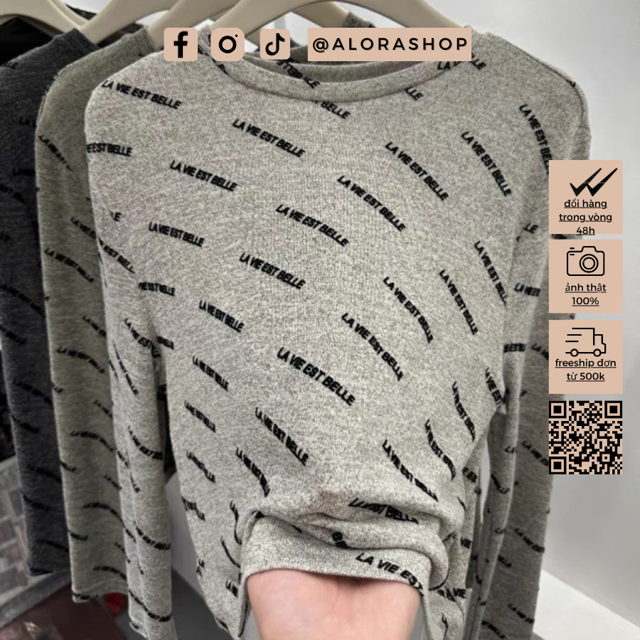 Áo tiêu nhiều chữ dài tay dáng ôm ghi nhạt, ghi đậm thời trang nữ Alora