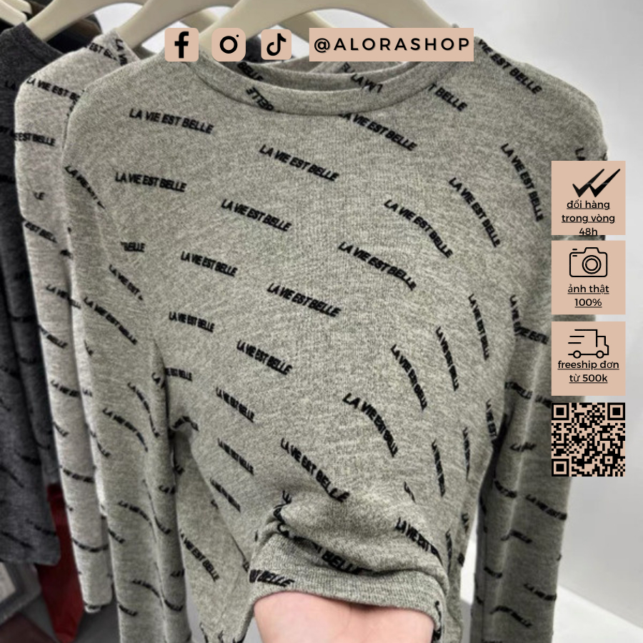Áo tiêu nhiều chữ dài tay dáng ôm ghi nhạt, ghi đậm thời trang nữ Alora